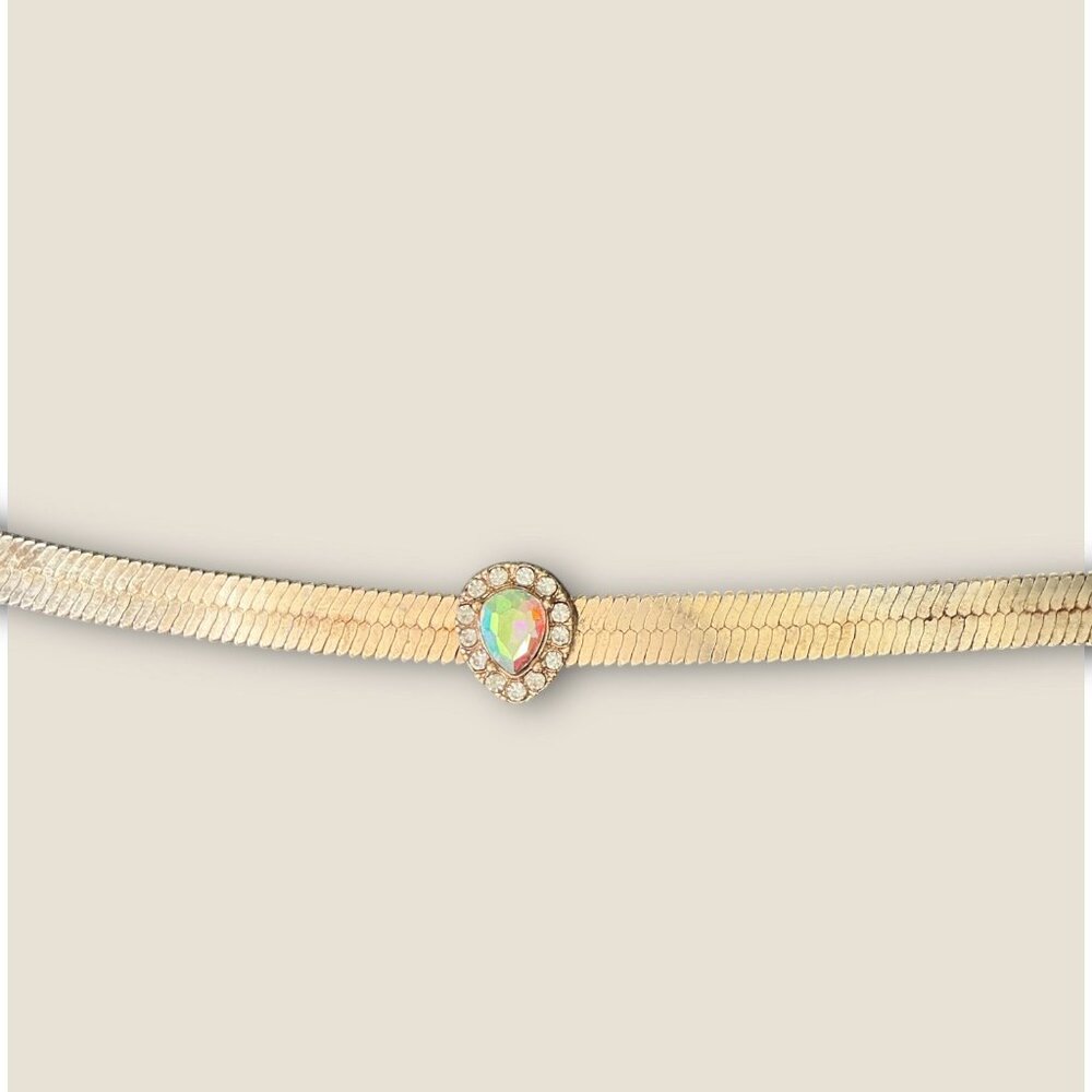 Retro 80s Herringbone Necklace With Rhinestone Accent Adjustable 14-16 Inches - Picture 2 of 6